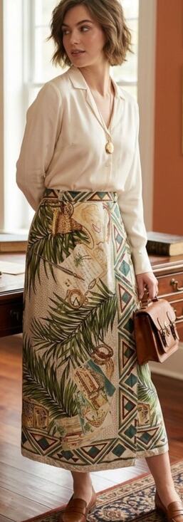Sharon Young Dresses & Skirts - 90's Sharon Young Tropical Print Boho Faux Wrap Skirt w/ Pocketwatch Design